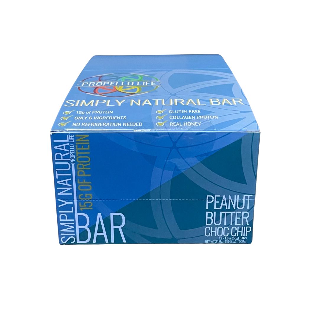 Propello Life Simply Natural Bar 12 pack carton flavor peanut butter chocolate chip has 15 grams of protein