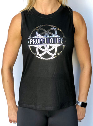 Propello Life open back black muscle tank silver logo front. support our premium natural supplements