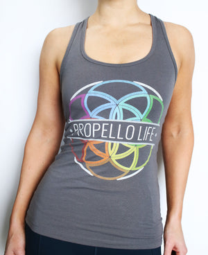Propello Life multi-color logo women's racerback tank front. support our premium natural supplements