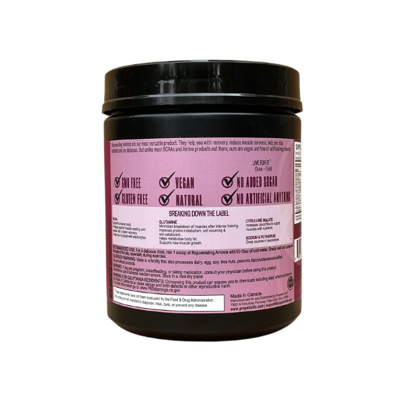 Propello Life Rejuvenating Aminos Cherries + Vanilla product benefits panel. Our Aminos are the best vegan amino acid