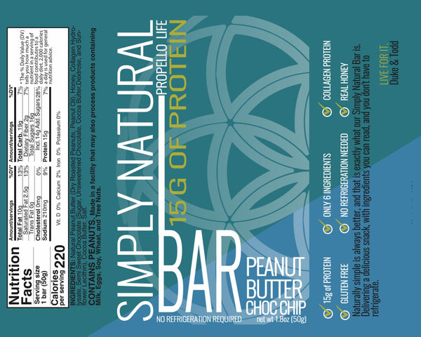 Propello Life Simply Natural Bar peanut butter chocolate chip with mini chocolate chips and 15 grams of protein
