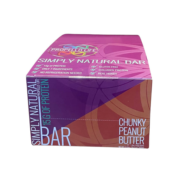 Propello Life Simply Natural Bar 12 pack carton flavor chunky peanut butter has 15 grams of protein