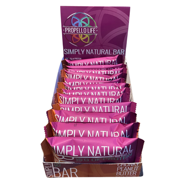 Propello Life Simply Natural Bar 12 pack carton open flavor chunky peanut butter has 15 grams of protein