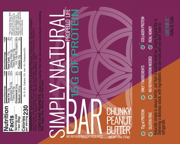 Propello Life Simply Natural Bar chunky peanut butter with real peanut chunks and 15 grams of protein