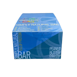 Propello Life Simply Natural Bar 12 pack carton flavor peanut butter chocolate chip has 15 grams of protein