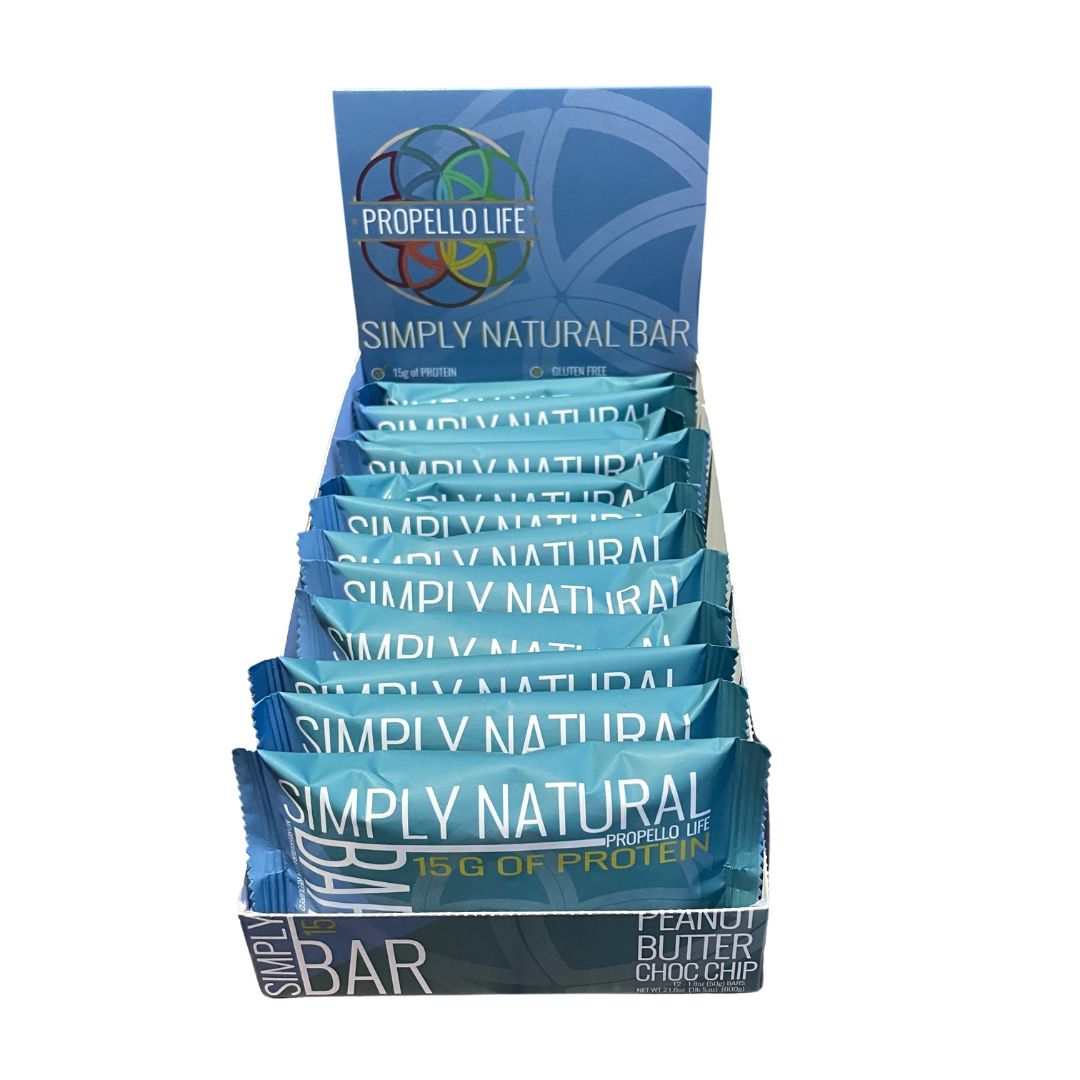 Propello Life Simply Natural Bar 12 pack carton open flavor peanut butter chocolate chip has 15 grams of protein