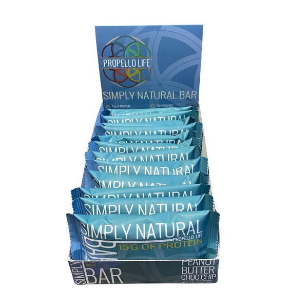 Propello Life Simply Natural Bar 12 pack carton open flavor peanut butter chocolate chip has 15 grams of protein