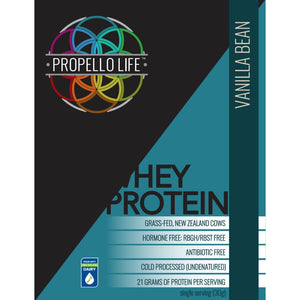 Propello Life certified grass fed Whey Protein Vanilla Bean is a non-gmo natural supplements front