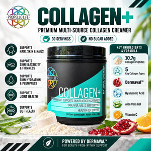 Propello Life Collagen+ is a multi-source collagen peptide formula powered by Dermaval, aloe vera, and hyaluranic acid