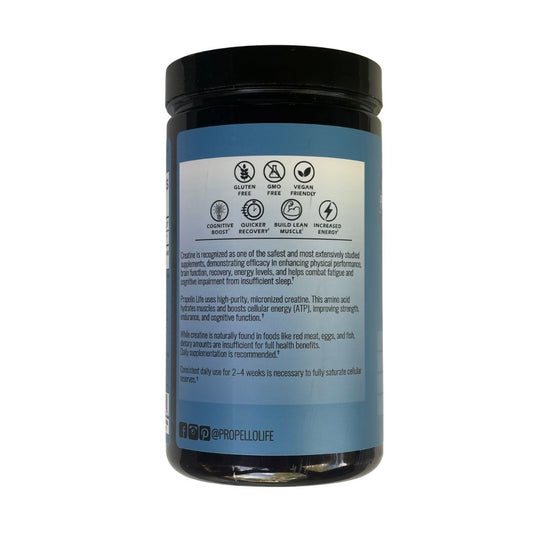 Creatine Monohydrate is great for muscles energy and brain health. This is a picture of Propello Life's 90 serving tub product benefits panel.