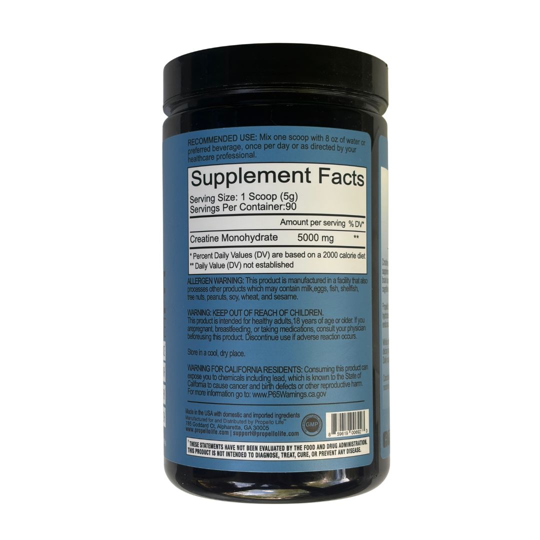 Creatine Monohydrate is great for muscles energy and brain health. This is a picture of Propello Life's 90 serving tub supplement facts panel.