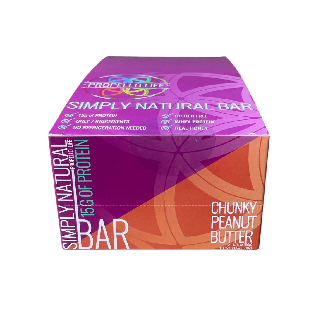 Propello Life Simply Natural Bar 12 pack carton flavor chunky peanut butter has 15 grams of protein
