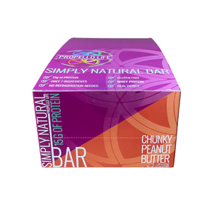 Propello Life Simply Natural Bar 12 pack carton flavor chunky peanut butter has 15 grams of protein