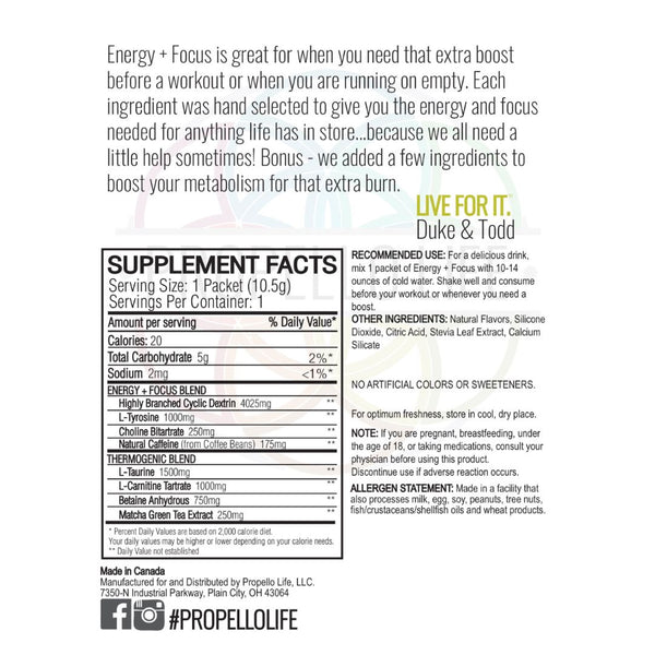 Propello Life Energy + Focus Sample Packet Blackberry Lemonade + Matcha flavor supplement facts panel