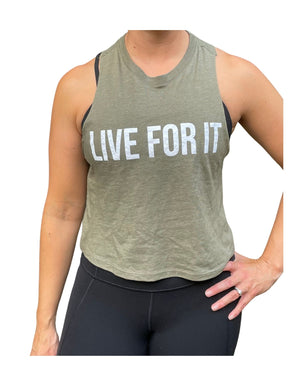 Propello Life Live For It Women's Soft Crop Tank Top Heather Olive front