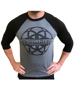 Propello Life Unisex Raglan (3_4 Length Sleeve Tee) _ Deep Heather_Black with Black Logo