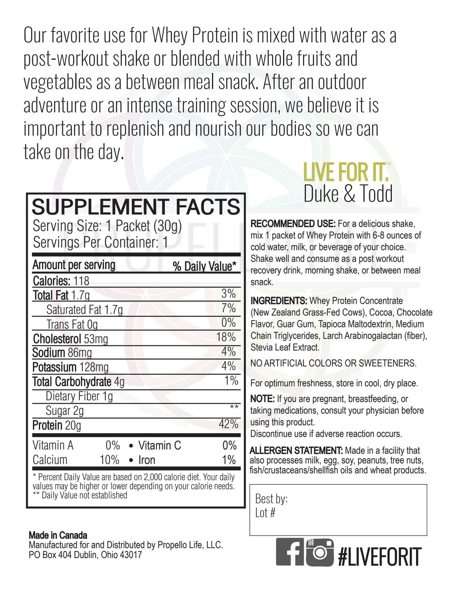 Propello Life certified grass fed Whey Protein is a non-gmo natural supplements back