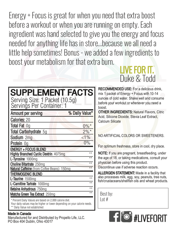 Propello Life Energy and Focus natural pre workout powered by matcha energy back panel