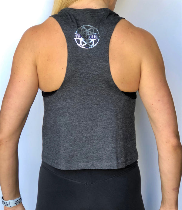 Propello Life crop tank top gray with silver logo back. support our premium natural supplements