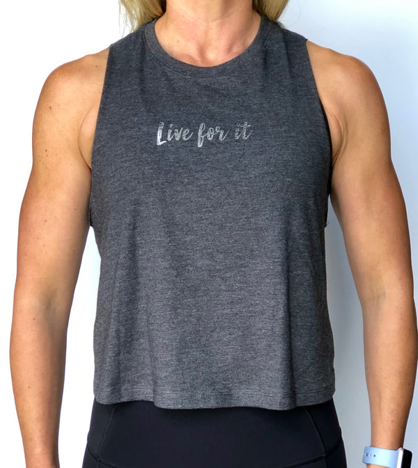 Propello Life crop tank top gray with silver logo front. support our premium natural supplements