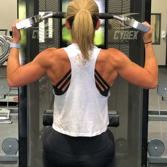 Propello Life crop tank top white with rose gold logo back. support our premium natural supplements