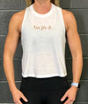 Propello Life crop tank top white with rose gold logo front. support our premium natural supplements