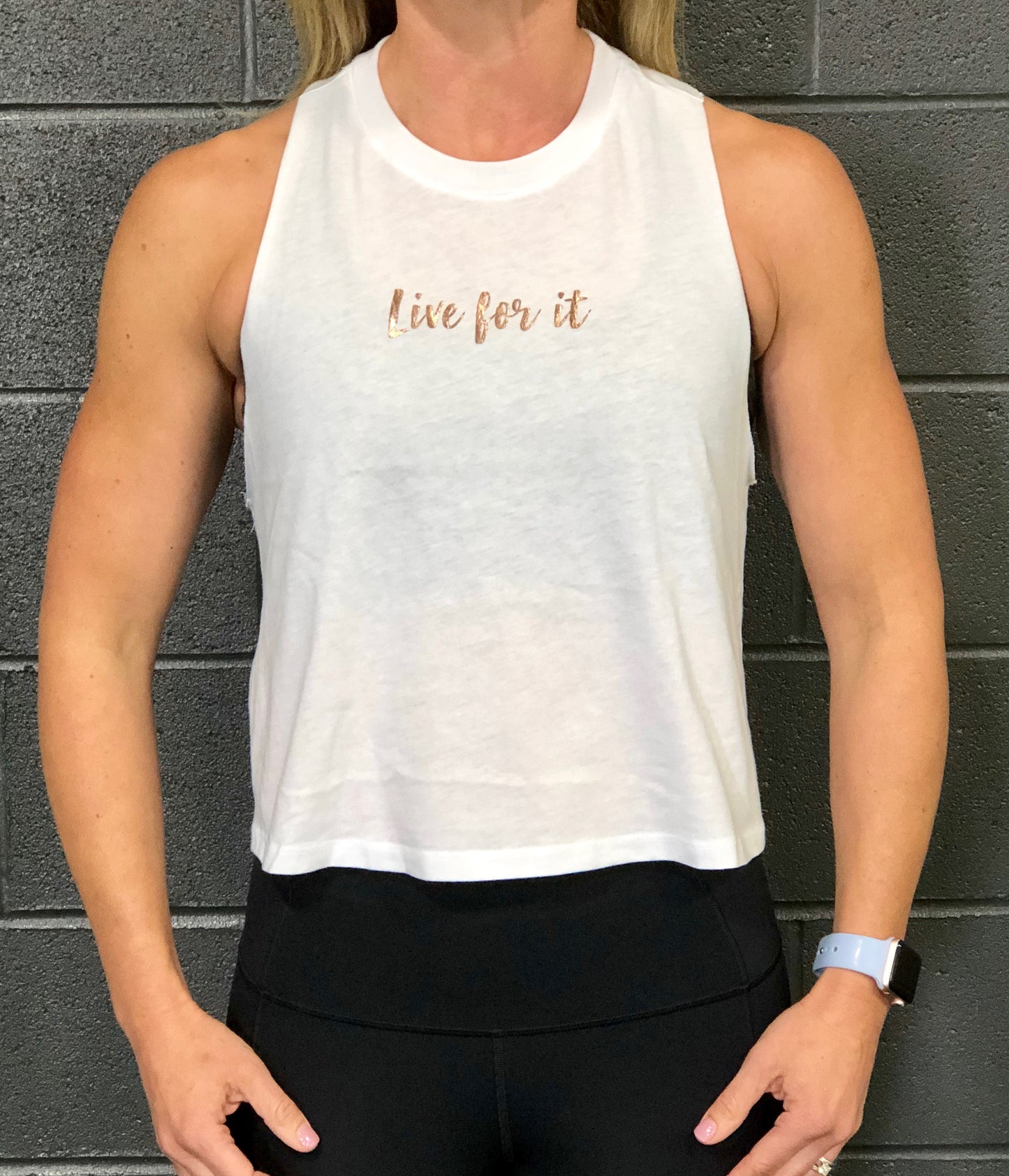 Propello Life crop tank top white with rose gold logo front. support our premium natural supplements