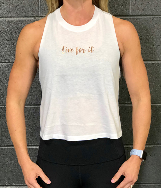 Propello Life crop tank top white with rose gold logo front. support our premium natural supplements