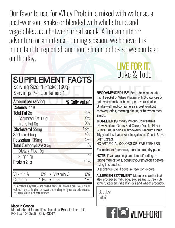 Propello Life certified grass fed Whey Protein Vanilla Bean is a non-gmo natural supplements back
