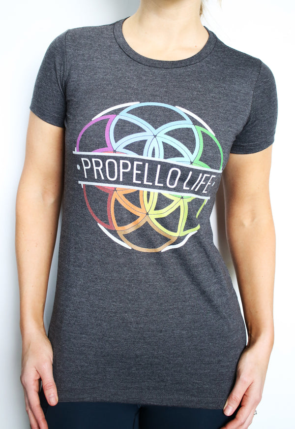 Propello Life multi-color logo women's t-shirt front. support our premium natural supplements