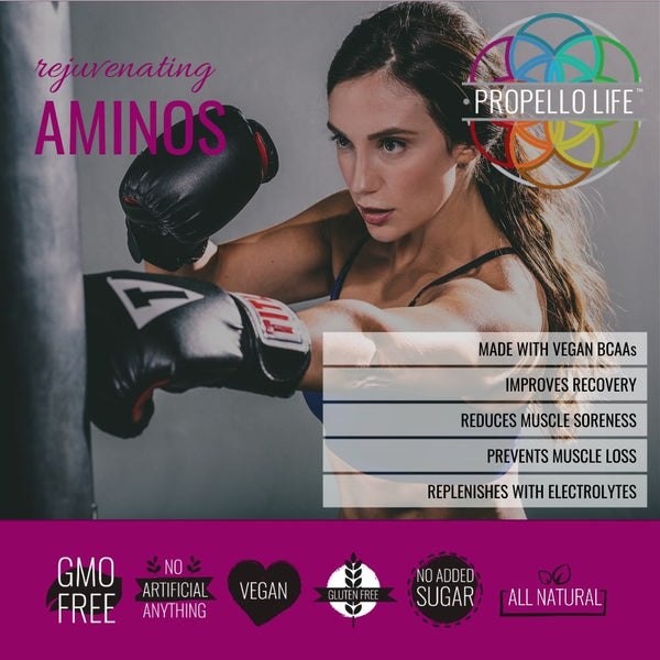 Propello Life Rejuvenating Aminos key product benefits lifestyle image. Our Aminos are the best vegan amino acids
